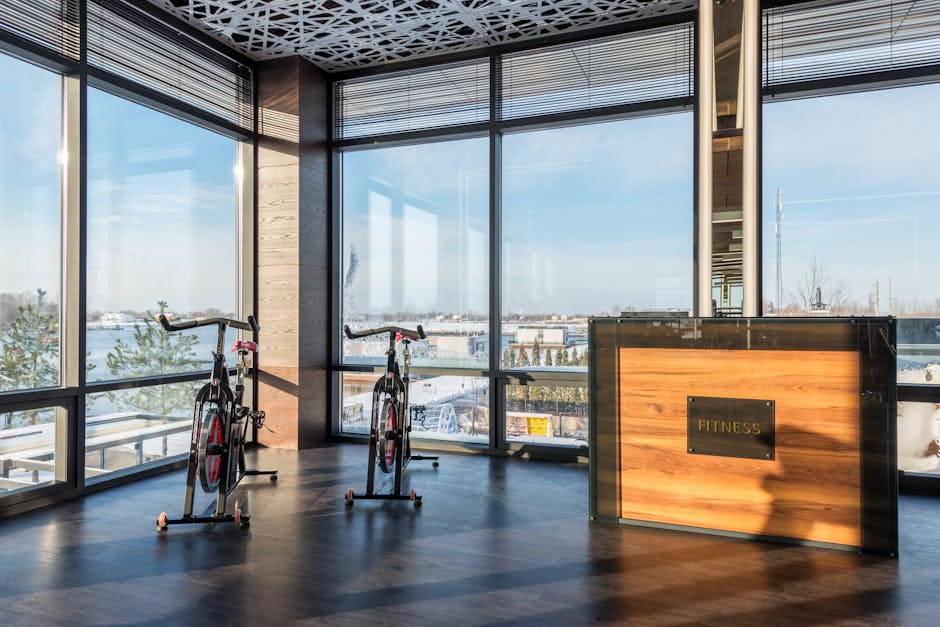 Modern exercise bikes and wooden reception desk near panoramic windows of spacious gym in sunlight